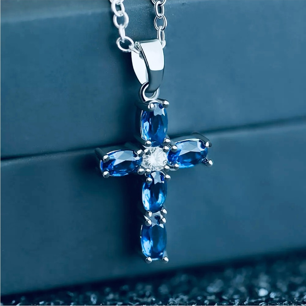 💜 Sapphire Cross Necklace 18” NEW - Picture 3 of 6